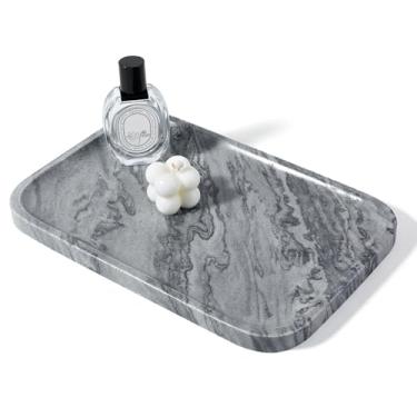Imagem de Koville Bandeja de mármore, bandeja de mármore natural de 30,5 x 20,3 cm para cômoda de bancada, banheiro, cozinha, bandejas decorativas para joias de perfume, bandeja retangular de pedra (cinza)