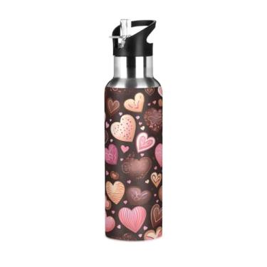 Imagem de Wassud Garrafa de água chocolate padrão em forma de coração (2) garrafa de água esportiva de aço inoxidável com canudo garrafas de água isoladas copo portátil de viagem 947 ml