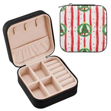 Imagem de Wassud Caixa de joias de viagem com listras de árvore de Natal para mulheres, meninas, senhoras, noiva, mini organizador de joias de couro PU, caixa quadrada de armazenamento de joias para brincos