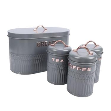 Imagem de TOPINCN Caixa de Pão de 4 Peças e Conjunto de Vasilha, Suporte de Recipiente de Armazenamento de Pão de Metal Rotulado Vasilhas de Metal para café, chá e Açúcar (Cinza)