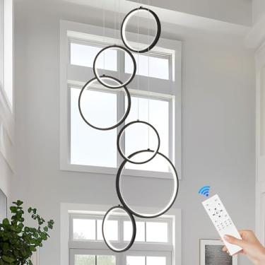 Imagem de Lustre moderno de LED com 6 anéis, preto, luminária pendente de LED com altura ajustável, dimerizável, para hall de entrada e vestíbulo (250 cm, 3000 K-6500 K)