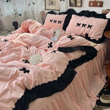 Imagem de Conjunto de cama de algodão com laço preto, estilo princesa, fofo, para a pele, capa de edredom, lençol de cama ou fronha, cor queijo, solteiro 150 x 200 3 peças