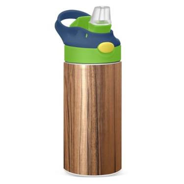 Imagem de WELLDAY Garrafa de água infantil de aço inoxidável padrão de madeira teca com tampa de canudo - livre de BPA, copo isolado a vácuo de parede dupla 350 ml