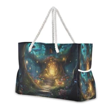 Imagem de Wassud Bolsa de praia Mystic Forest Cottage, grande, bolsa de praia para mulheres, impermeável, à prova de areia, bolsa de viagem com zíper e bolso para piscina, academia, acampamento