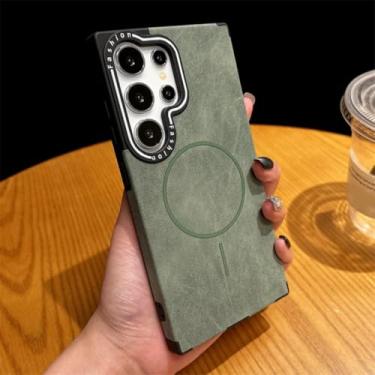 Imagem de HJZSZX Capa magnética de couro retrô com carregamento sem fio para Galaxy S24 Ultra, à prova de choque (para Galaxy S24 Ultra/verde)