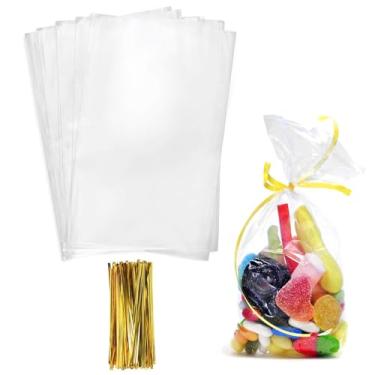 Imagem de Sacos de guloseimas de celofane, 12 x 28 cm, 100 peças, sacos transparentes de celofane com laços torcidos