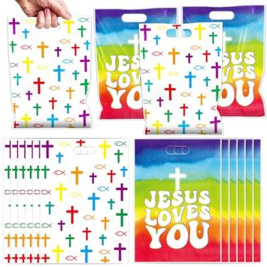 Imagem de Falueqg Lembranças de festa Jesus Loves Me - 100 peças de sacolas de presente de doces cristãs arco-íris versículo bíblico lembrancinhas de festa cruzada para Jesus aniversário Natal domingo escola