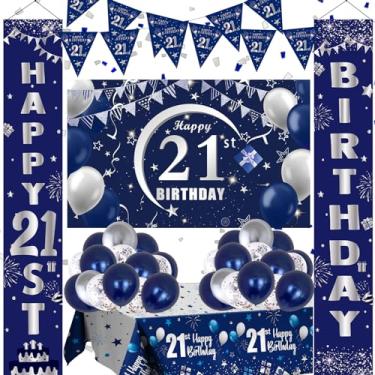 Imagem de Decorações de aniversário de 21 anos para homens e mulheres azul, feliz 21º aniversário porta pano de fundo banner balões 21 anos de idade placa de varanda suprimentos de festa com balões de látex