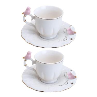 Imagem de Jogo 2 Xícara De Café Porcelana Rosa E Branca Birds Pássaro Com Pires 100ml Wolff