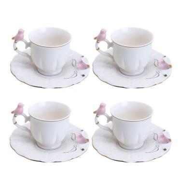 Imagem de Jogo 4 Xícara De Café Porcelana Rosa E Branca Birds Pássaro Com Pires 100ml Wolff