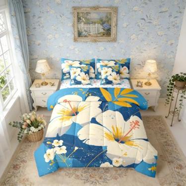 Imagem de Erosebridal Conjunto de edredom floral de verão com 7 peças, solteiro, flor bege, para quarto de meninas e mulheres, bege, azul, em uma bolsa, jardim de primavera, botânico, todas as estações