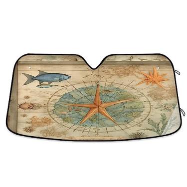 Imagem de Placa de vida marinha vintage, estrela-do-mar e peixe, bloqueador solar para carro, proteção UV para para-sol, protetor solar de carro, acessórios de refrigeração de carro