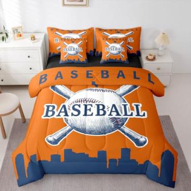 Imagem de Erosebridal Jogo de cama casal de beisebol em uma bolsa de softball, para quarto de crianças, meninos, adolescentes, beisebol, cidade, 7 peças, jogos esportivos, (Houston), laranja