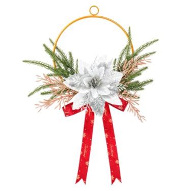 Imagem de Guirlanda de argola de Natal Prelit para porta da frente, guirlanda de Natal ao ar livre de 18,5 cm com flores artificiais vermelhas de poinsétia e fita de laço, decoração de Natal e inverno, prata