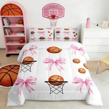 Imagem de Jogo de cama de basquete infantil, tamanho Queen, conjunto de edredom esportivo para meninas, todas as estações, com laço rosa, argola de basquete e quarto, enchimento de edredom esportivo feminino, 2