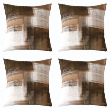 Imagem de jejeloiu Conjunto de 4 capas de almofada de arte abstrata marrom para crianças, meninos, meninas, arte moderna, 40,6 x 40,6 cm, decoração de pintura a óleo abstrata, fronha geométrica, decoração de