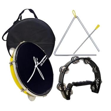 Imagem de Kit Pandeiro Fé Pele Preta + Capa + Triângulo + Meia Lua (Amarelo)