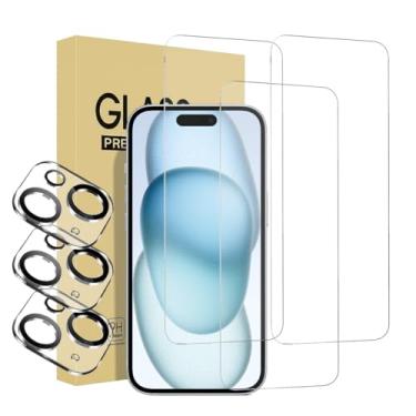 Imagem de Pacote com 3 + 3 protetores de tela compatíveis com iPhone 15 de vidro temperado de 6,1 polegadas com acessórios de protetor de lente de câmera, kit de instalação premium mais fácil 9H, compatível com