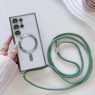 Imagem de Capa transparente com cordão para Samsung S24 S23 S22 S21 Ultra Plus, capa magnética com cordão para carregamento sem fio, verde, para S22 Ultra