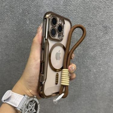 Imagem de Capa de celular com revestimento de TPU macio para iPhone 16, 11, 12, 13, 14, 15 Pro Max, 13Pro e 16Pro, capa transparente com alça de pulso, marrom, para iPhone 16 Pro