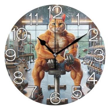 Imagem de GAIGEO Cat Cool Gym Relógio de parede atlético analógico decorativo relógio de cozinha rústico operado por bateria, decoração de parede retrô moderna art déco, 25 cm, ponteiros dourados