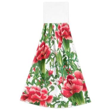 Imagem de Toalhas de mão de primavera de folhas verdes de cravos florais vermelhos com laços para pendurar toalhas de chá de forno macias absorventes conjunto de 2, decoração de banheiro de cozinha fofa 47 x 35