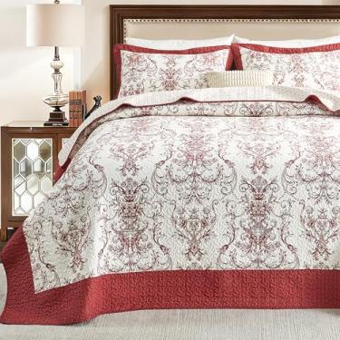 Imagem de PANGUSHAN Colcha grande 100% algodão 128" × 120 polegadas, colcha California King, medalhão reversível, floral, casa de fazenda, GG, conjunto de cama grande, edredom leve, vermelho