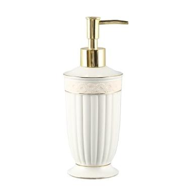 Imagem de hezhuhe2258 Dispensador de sabão 350 ml/334.5 g Dispensadores de sabão de cerâmica de bancada branca com acabamento listrado e bordas douradas Dispensador de loção de banheiro para cozinha
