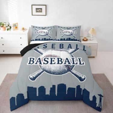 Imagem de Erosebridal Conjunto de edredom solteiro de beisebol, cidade de beisebol, jogos esportivos, 2 peças com 1 fronha, (Seattle), cinza, azul escuro