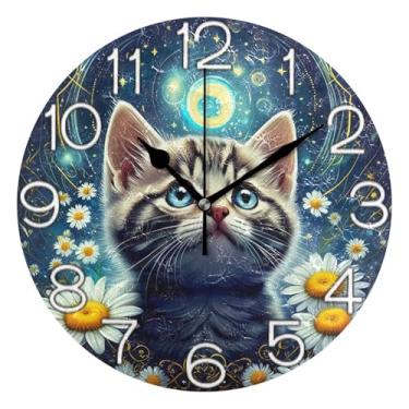 Imagem de GAIGEO Relógio de parede analógico decorativo escritório cozinha relógio divertido alimentado por bateria, decoração de parede de meados do século sala de estar gatinho fofo margarida branca estrelado