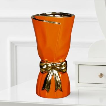 Imagem de Wancetang Vaso de cerâmica laranja para flor, vaso decorativo moderno com laço, vasos altos minimalistas para decoração de casa, sala de estar, mesa de console, lareira, decoração de cozinha 28 cm