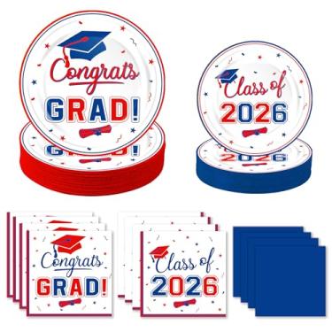 Imagem de 200 peças de decoração de mesa de formatura suprimentos de festa - pratos e guardanapos de formatura vermelho azul classe de 2025 conjunto de louça descartável para faculdade ensino médio parabéns