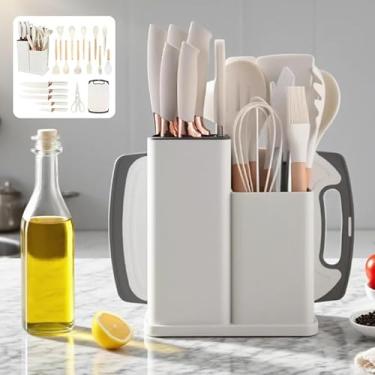Imagem de Kit Utensílios de Cozinha Completo 19 Peças em Silicone com Cabo de Madeira, Facas, Tábua e Tesoura – Resistente ao Calor 230°C(Branco)