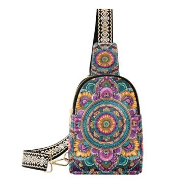 Imagem de CEBUGI Bolsa tiracolo feminina pequena com estampa mandala, pochete de couro, para caminhadas, viagens ao ar livre