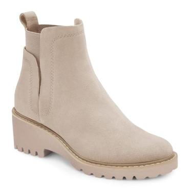 Imagem de Trish Lucia Bota Chelsea feminina plataforma sola Chelsea cano alto salto bloco grosso antiderrapante camurça couro slip on Combat Fashion Booties, Bege, 36