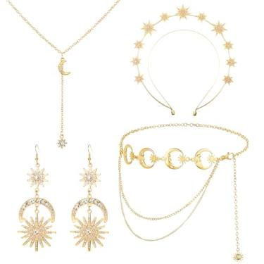 Imagem de Thinp 4 peças de joias celestiais, faixa de cabeça de estrela dourada, brincos de lua, colar e corrente corporal, acessórios de estrela para mulheres, meninas, fantasia de princesa de Halloween