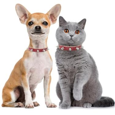 Imagem de BINGPET Coleira de gato com sinos de couro legítimo – Coleira de gato rosa cravejada confortável com pontas de rebite macia e forte feita de couro legítimo, ajustável para cães pequenos, filhotes, todos os gatos, coelho