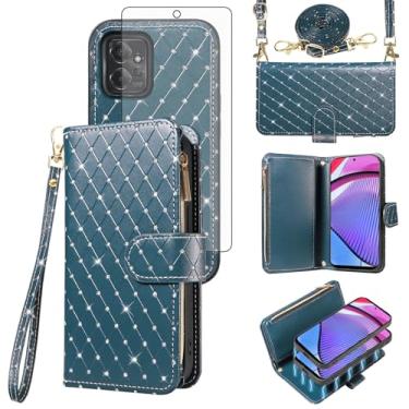 Imagem de Capa carteira compatível com Motorola Moto G Power 5G 2023 com zíper e protetor de tela de vidro temperado, alça transversal com glitter, suporte para cartão, capa para celular para GPower G5 mulheres