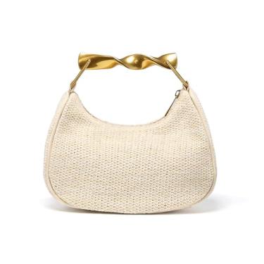 Imagem de Nefokfdus Bolsa de palha para mulheres, bolsa Hobo de tecido boho chique, bolsa artesanal de palha crescente, mini bolsa de praia de verão, Bege