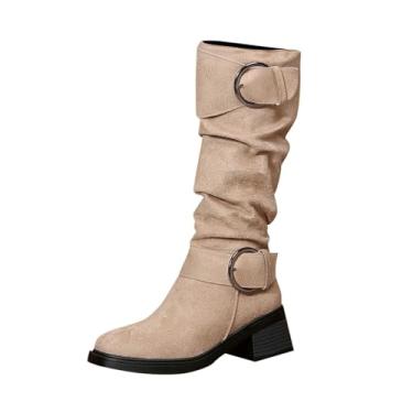 Imagem de Botas femininas de várias fivelas com salto grosso para um visual elegante de outono e inverno, Bege, 38