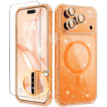 Imagem de BERFY Capa feminina para iPhone 17 Pro Max, compatível com MagSafe, capa protetora à prova de choque com glitter transparente, antiamarelamento, com protetor de tela e 3 capas de lente de câmera