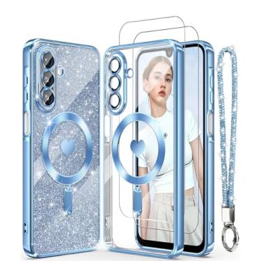 Imagem de DagoRoo Capa magnética para Samsung Galaxy A17 5G + 2 películas protetoras de tela, borda dourada banhada a coração de luxo [cartão de glitter e alça de pulso] Capa fina e macia de TPU TPU à prova de