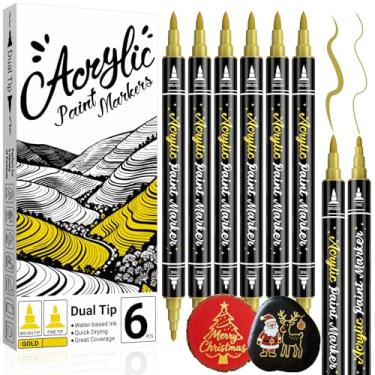 Imagem de AKARUED Marcador de tinta dourada para pedras: pacote com 6 canetas de tinta acrílica douradas, ponta dupla (fina e pincel), não tóxicas, marcadores acrílicos à base de água para pintura em madeira