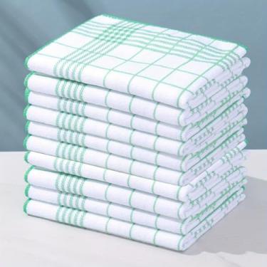 Imagem de Toalhas de prato de cozinha absorventes de água design xadrez azul multiuso para secagem de louça, limpeza de bancada e polimento de vidro, verde