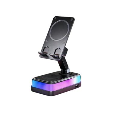 Imagem de Alto-falante de indução 5 em 1 Bluetooth sem fio com suporte para telefone, carregamento de emergência de 3000 mAh, 5 luzes ambientais RGB dinâmicas, suporte ajustável, compatível com iPhone/Android
