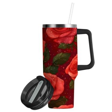 Imagem de ATTX Copo de rosas de 850 g com alça, copo de aço inoxidável a vácuo de parede dupla com palha, caneca de café de viagem isolada #165