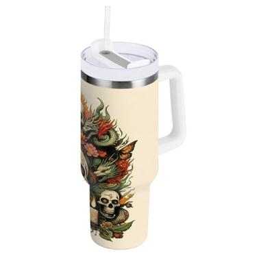 Imagem de SEHANY Copo Skull Gothic de 850 g com alça, copo isolado de aço inoxidável a vácuo de parede dupla, à prova de vazamento, copo de viagem isolado cabe no suporte de copo de carro