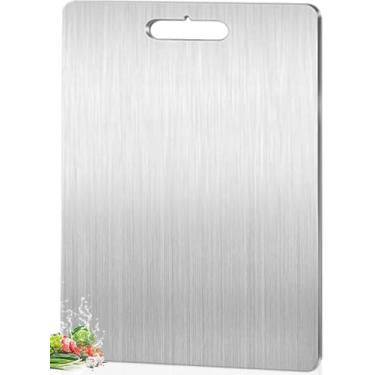 Imagem de Tábua de Corte de Titânio para Cozinha Aço Inoxidável e PP, Superfície Higiênica para Carnes, Frutas e Vegetais, Afiador Integrado, Canaletas Antirrespingo, Base Antiderrapante Tábua Inox de Cortar