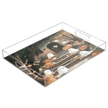 Imagem de xigua Bandeja de servir de acrílico fantasma de Halloween com alças à prova de derramamento, bandejas decorativas de festa de Halloween, bandeja organizadora de bancada para banheiro, cozinha, 30,5 x