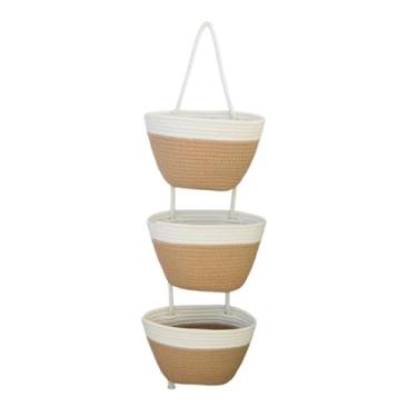 Imagem de Fockety Cesta Suspensa de 3 Camadas, Organizador de Armazenamento Montado na Parede Com Corda de Algodão, Cesta Tecida Decorativa para Sala de Estar, Quarto, Com Seções Removíveis (Branco Cáqui)
